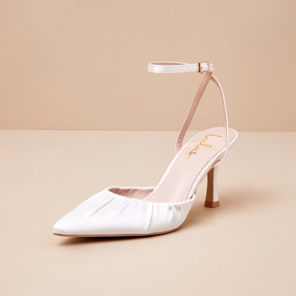Lulus Margot White Satin Pointed-toe Ankle Wrap High Heels - Size 8.5 - Picture 1 of 4